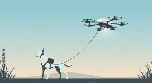A futuristic illustration depicts a white and black dog attached to a drone by a leash, set against a gradient sky with stylized grass.