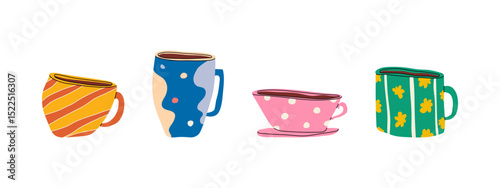 Hand drawn mugs coffee in trendy minimalist style. Coffee cups decorated with design elements icons doodles set. Collection of handcrafted ceramic tableware