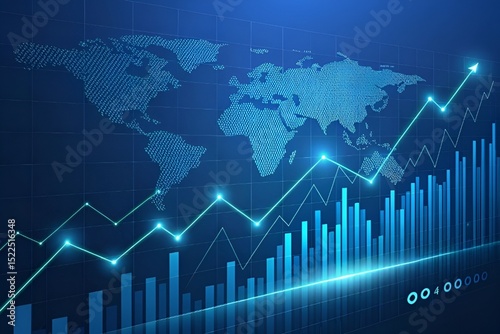 Hyperrealistic Abstract Digital Art of Increasing Stock Market Graph with Glowing Blue Data Lines and World Map Overlay