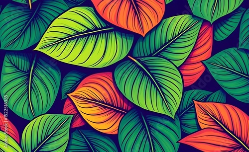 Wallpaper Mural A vibrant, textured seamless pattern background featuring large, stylized tropical leaves. Ideal for cards, banners, copy space, covers, templates, wallpapers and posters. Torontodigital.ca