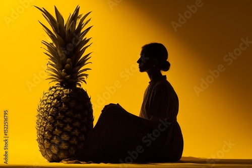 A silhouette beside a massive pineapple, tropical food concept, clean backdrop