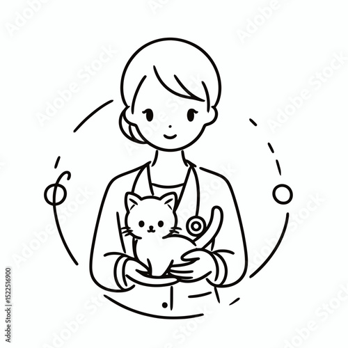 Veterinary assistant holding a kitten in a simple line drawing style  