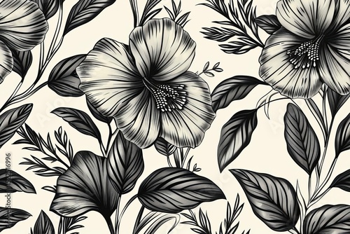 Monochrome floral pattern featuring hibiscus flowers, leaves, and stems, presented in a detailed, stylized black-and-white illustration.