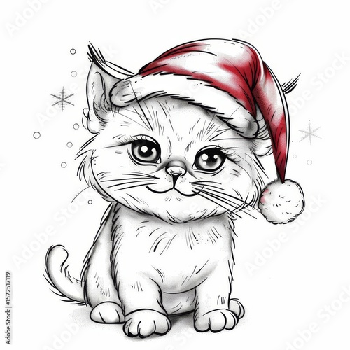 Drawing of a kitten wearing a Santa hat, surrounded by snow. Black and white with red accents