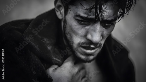 Man with Worry on His Face Reflects Inner Turmoil in Emotional Black and White Portrait