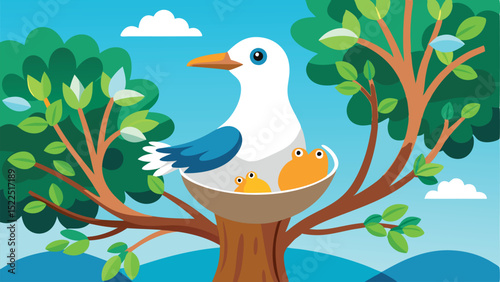 Cartoon Seagull with Chicks in Nest Atop Tree with Clouds and Blue Sky