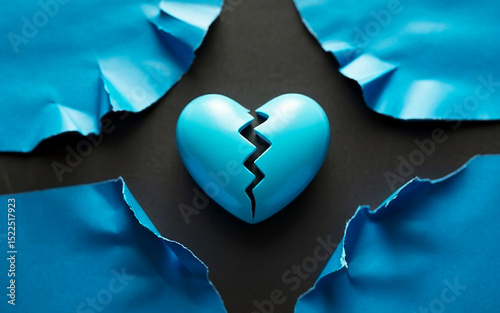 A digital illustration of a light blue heart with a diagonal crack running through its center, set against a dark black background.