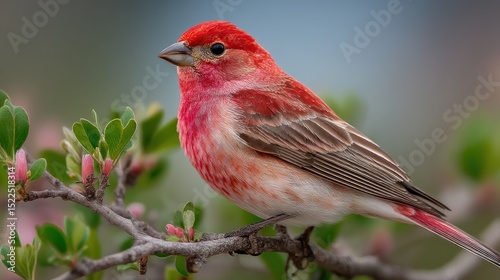 Vibrant house finch perched gracefully on blossoming branch in natural setting
