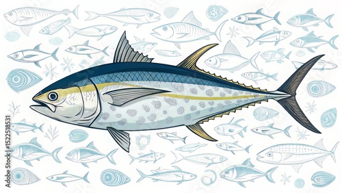 A diagrammatic design showing Blackfin Tuna with realistic coloring and background fish pattern, suited for educational posters.