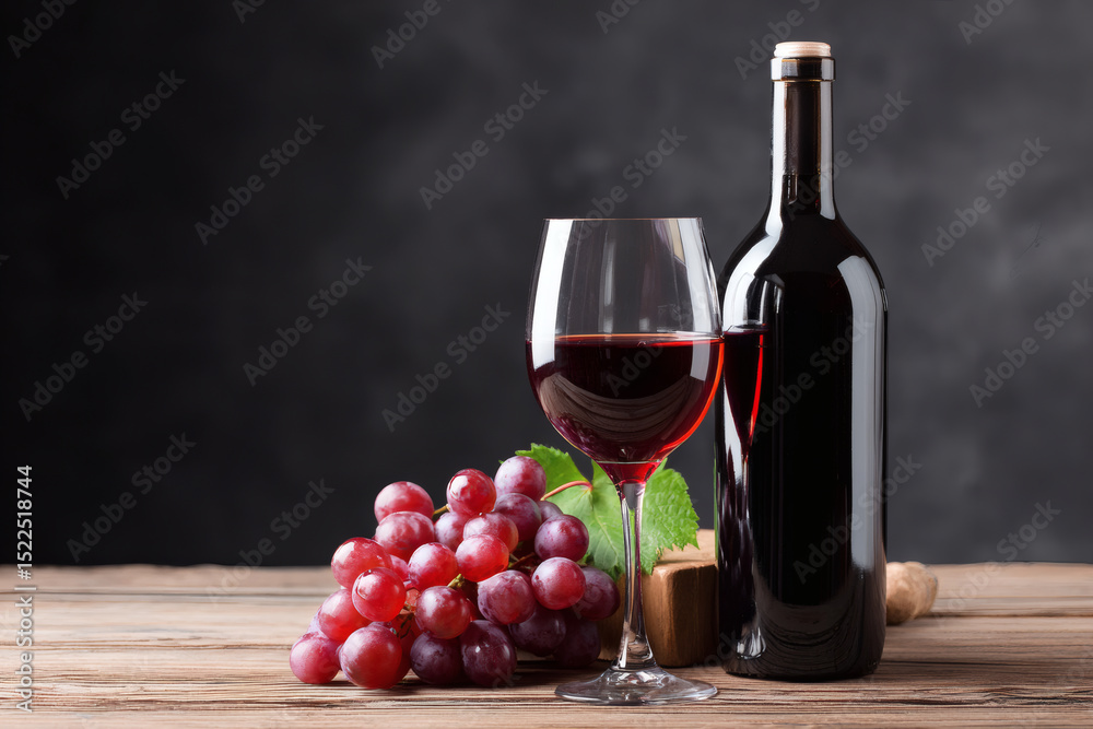 Fototapeta premium Glass of red wine and bottle on wooden table