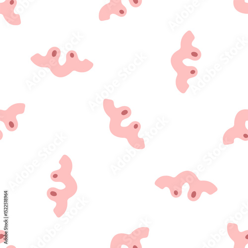 Pink Abstract Organic Seamless Pattern. Playful pink abstract organic shapes on white background. Flat cartoon seamless pattern in pastel tones.
