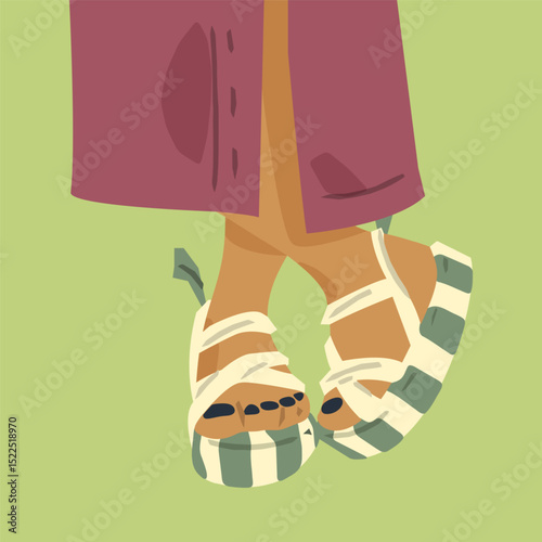 Platform Sandals With Tied Ribbons. Female legs in striped platform sandals with tied ribbons and dark pedicure. Flat cartoon illustration on green background, fashion and summer vibe.