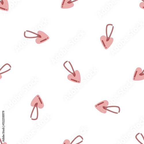 Pink Heart Hair Clip Pattern. Cute pink heart-shaped hair clips scattered on white background. Flat cartoon seamless pattern in pastel colors.