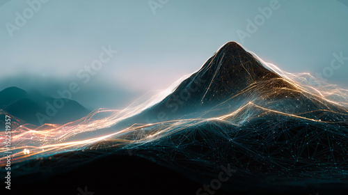 Futuristic mountain landscape made of glowing neural network connections and digital lines