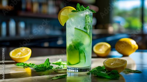 Tall glass of lemon mint cucumber drink filled with crushed ice and fresh herbs, garnished with lemon slice and mint leaves, standing on reflective bar counter with scattered lemons and mint