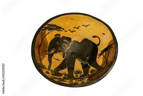 A traditional African hand-carved wooden bowl with a painted elephant isolated against a white background