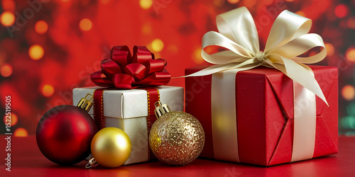 A festive holiday composition featuring two wrapped gift boxes and three Christmas ornaments on a glossy red surface against a bokeh red background