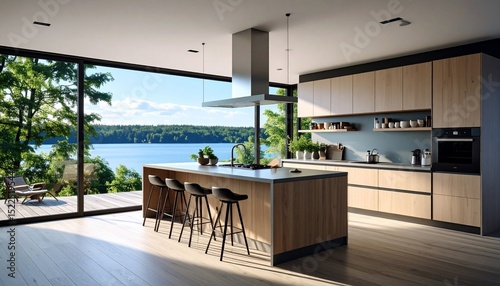 Modern Lakeview Kitchen Design: Stunning Interior with Panoramic Views