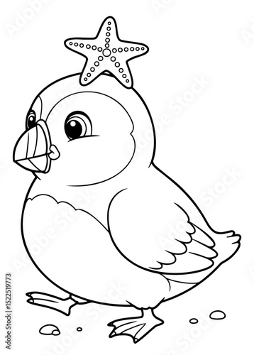 Puffin coloring page with starfish on head, cute design, black and white illustration