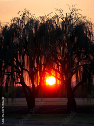 The ancient bridge and willow trees under the sunset glow