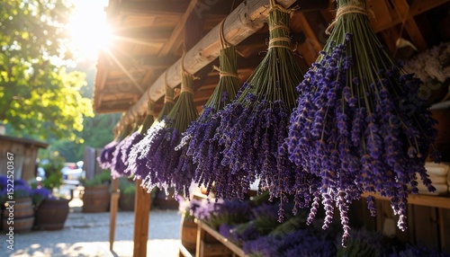 Sunlit Lavender Harvest: Bundles of Purple Flowers Drying Under a Rustic Wooden Structure