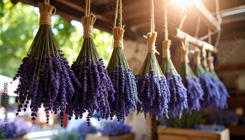 Dried Lavender Bunches Hanging in a Rustic Setting