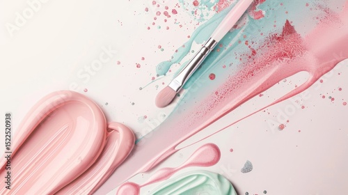 Pastel makeup or nail art polish brush with colorful paint splashes and glitter on soft abstract background and place for text