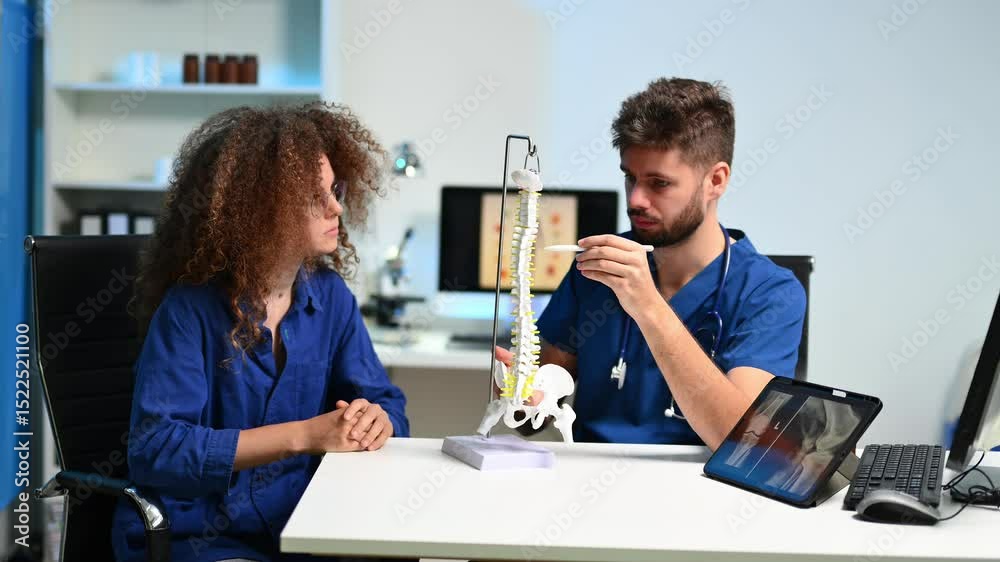 Doctor explains spinal anatomy with model and X-ray to patient during consultation. Ideal for orthopedic care, neurology, diagnosis, bone pain