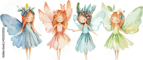 Watercolor Illustration of Four Cute Fairies with Wings and Floral Crowns in Pastel Colors Perfect for Children s Books Nursery Decor or Fantasy Themed