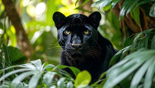 Majestic Black Panther in Lush Tropical Foliage