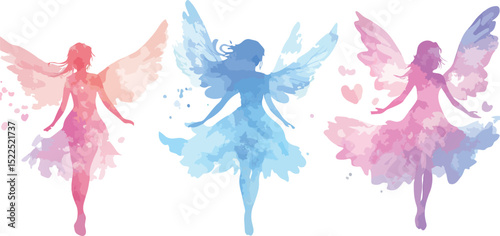 Watercolor Fairies in Pink Blue and Purple with Wings and Dresses Isolated on White Background Fantasy Illustration Magical Creatures Dreamlike Delicate Ethereal Artistic and