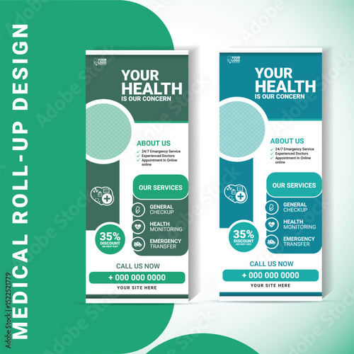 Professional health care and medical roll up design, standee and banner template decoration for exhibition, printing and presentation creative template design.