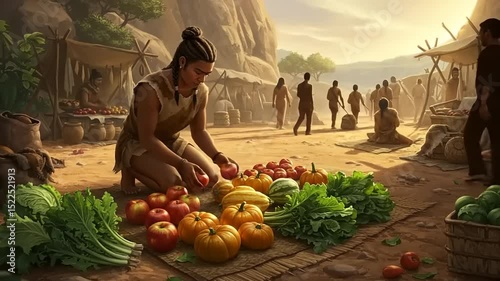 A market scene in ancient times with a man arranging fresh vegetables and fruits at sunset
