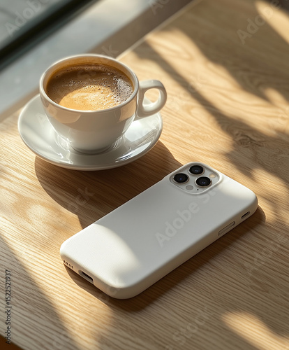 Minimalist phone white case mockup placed on a plain background with subtle highlights