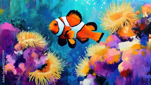 Vibrant clownfish amidst colorful sea anemones in an abstract ocean landscape