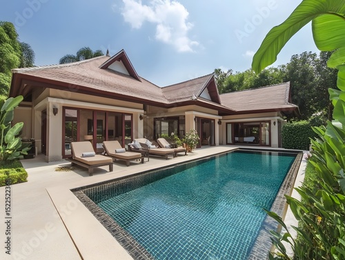 Elegant Home Exterior with Contemporary Architecture and Private Swimming Pool, swimming pool in hotel resort
