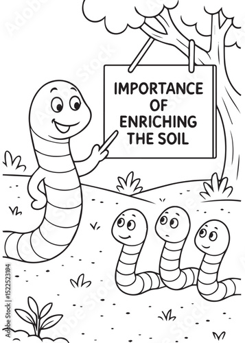 Coloring book worm acts as a teacher, pointing to a sign that reads "IMPORTANCE OF ENRICHING THE SOIL" for three smaller, attentive worms