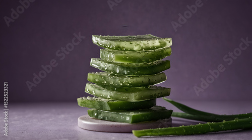 Stacked aloe vera slices, showcasing the gel, minimalist composition against a soft purple background. Perfect for beauty, health, and wellness,generative.ai

