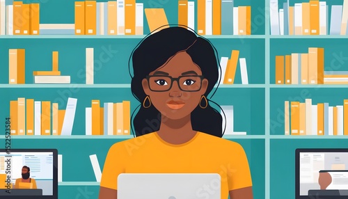 Woman working at a computer in a library setting.