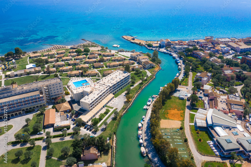 Fototapeta premium Messonghi Beach holiday resort over canal separating Moraitika and Messonghi villages on a Corfu Island, Greece