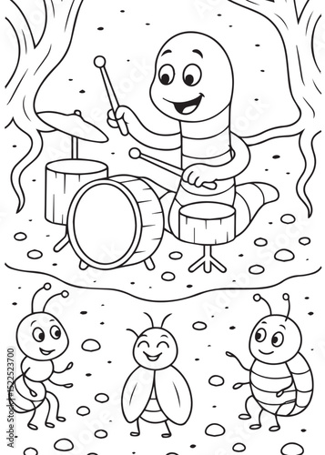 Coloring book worm with a drum kit happily plays music for an ant and two other insects dancing below, under a tree