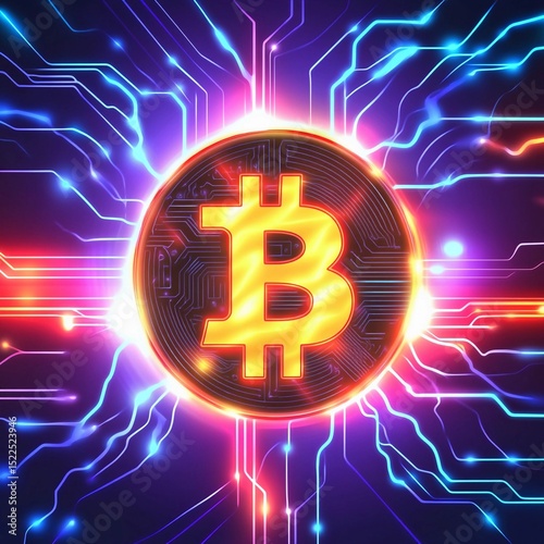 Vibrant Bitcoin with Neon Circuit Background
