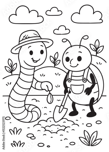 Coloring book worm with a hat and a happy beetle with overalls are gardening together, planting seeds in a hole.