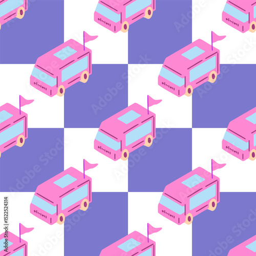 Pink Camper Van Pattern. Seamless pattern with pink camper vans on a checkered purple and white background. Flat cartoon style with playful summer vibe.
