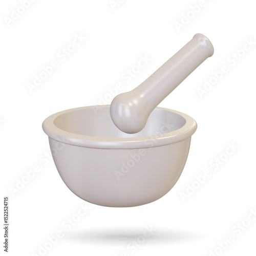 3d Realistic mortar and pestle. Vector illustration. Advertising for hospital or pharmaceutical company. Sign for pharmacy. Porcelain mortar and pestle.