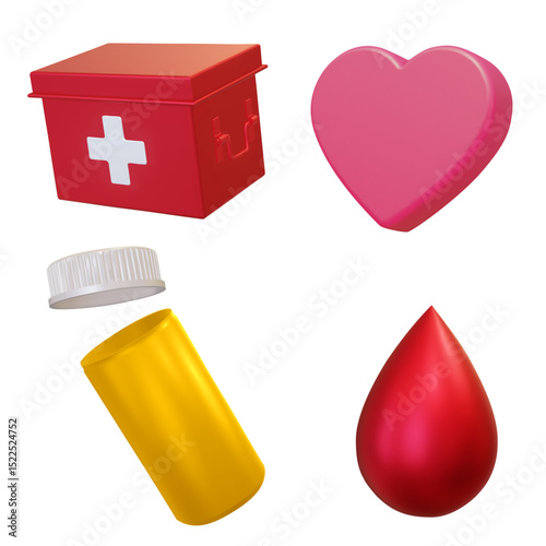 3d Realistic drops of blood, first aid kit box, heart, plastic blank medical container isolated on white background. Vector. Advertising for hospital or pharmaceutical company. Sign for pharmacy.
