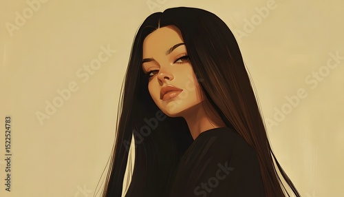 A portrait of a woman with long dark hair.
