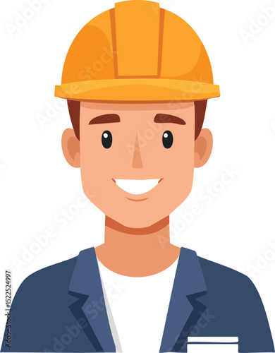 Vector Portrait of Cheerful Young Woman in Construction Gear with Orange Hard Hat and Overalls


