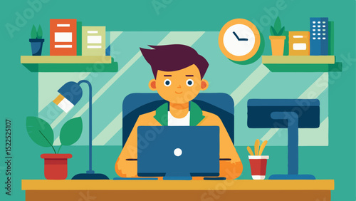 Cartoon Man Working on Laptop at Desk with Clock, Books, and Plants Illustration