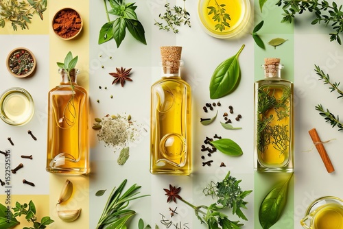 Overhead shot of 3 olive oil bottles with herbs/spices. Split into thirds w/ yellow, white, and green backdrops. Flat lay composition.
